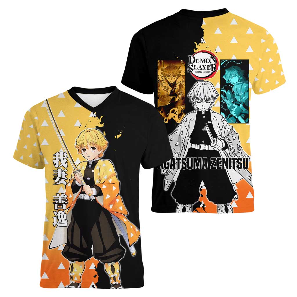 Zenitsu Agatsuma from Demon Slayer Women V-Neck T-Shirt with Yellow Lightning Kimono and Thunder Effects Design - The Mazicc
