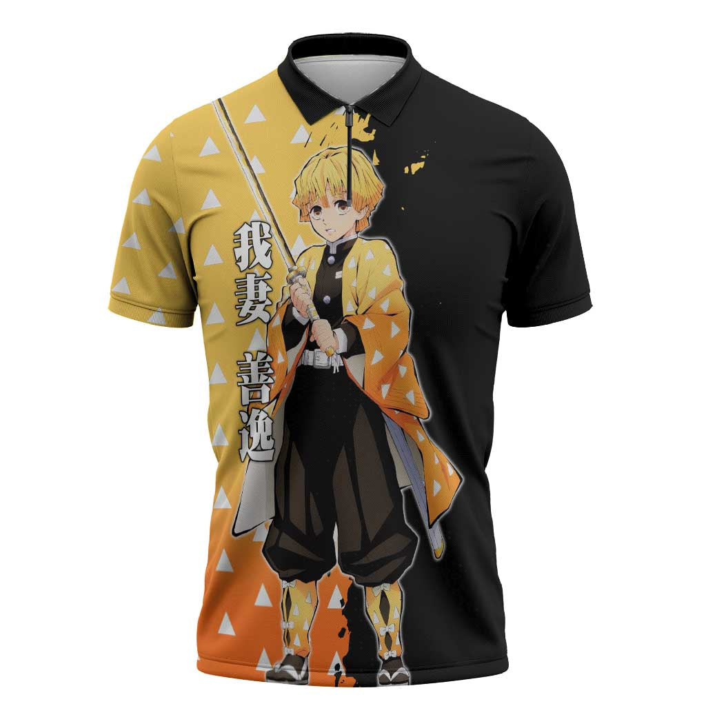 Zenitsu Agatsuma from Demon Slayer Zipper Polo Shirt with Yellow Lightning Kimono and Thunder Effects Design - The Mazicc