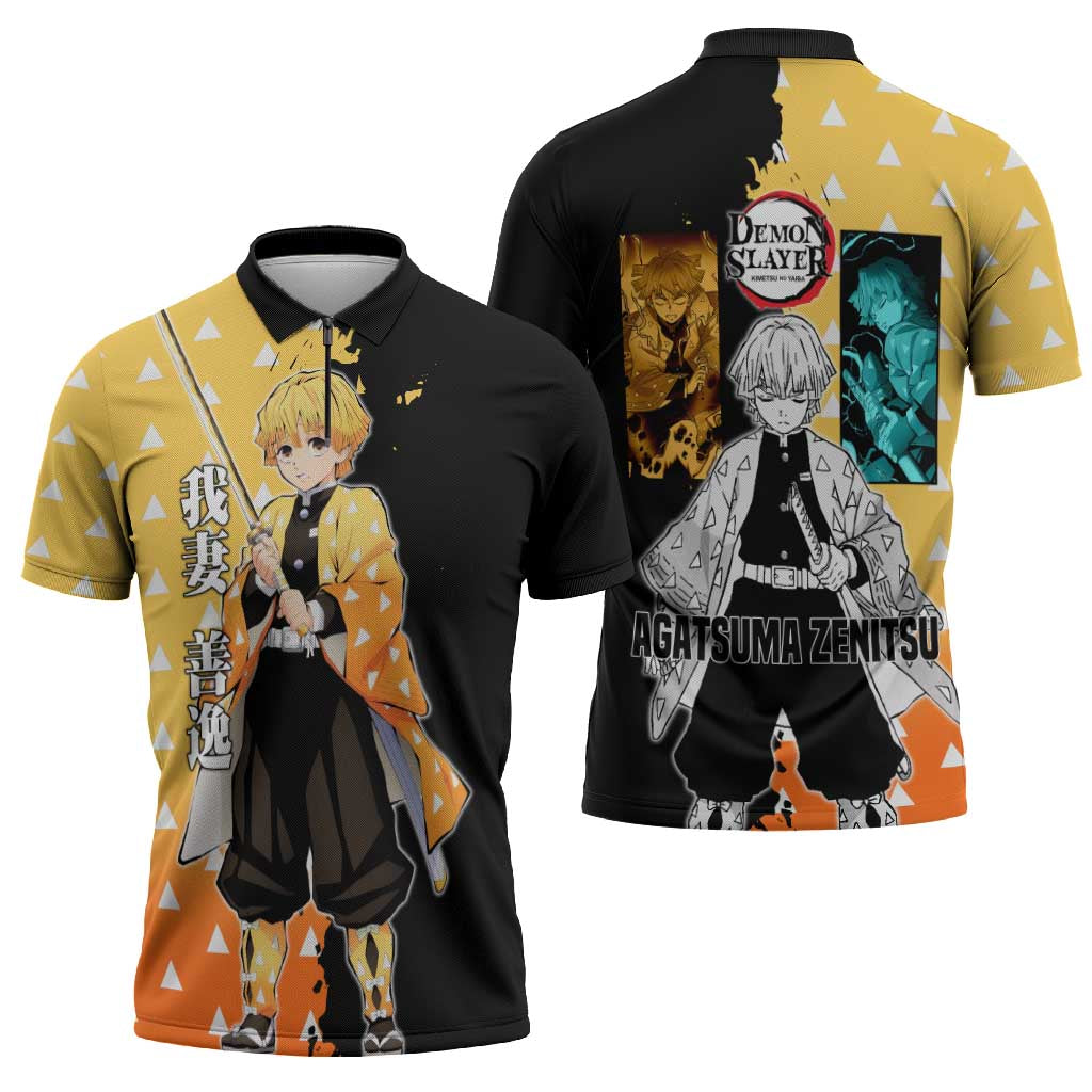 Zenitsu Agatsuma from Demon Slayer Zipper Polo Shirt with Yellow Lightning Kimono and Thunder Effects Design - The Mazicc