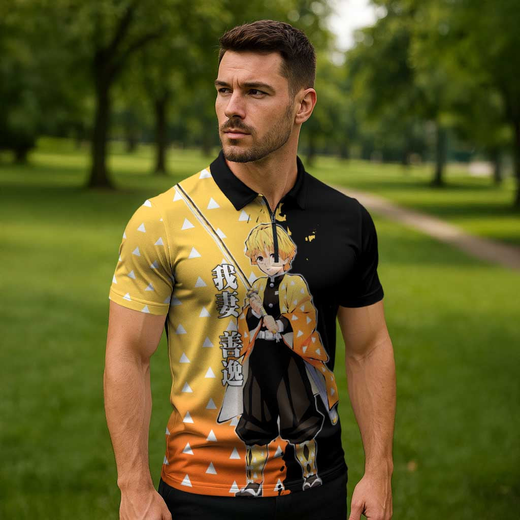 Zenitsu Agatsuma from Demon Slayer Zipper Polo Shirt with Yellow Lightning Kimono and Thunder Effects Design - The Mazicc