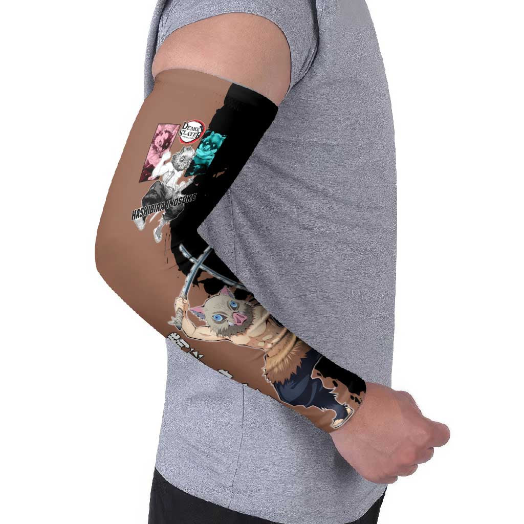 Inosuke Hashibira from Demon Slayer Arm Sleeves with Boar Mask and Dual Swords Battle Pose - The Mazicc