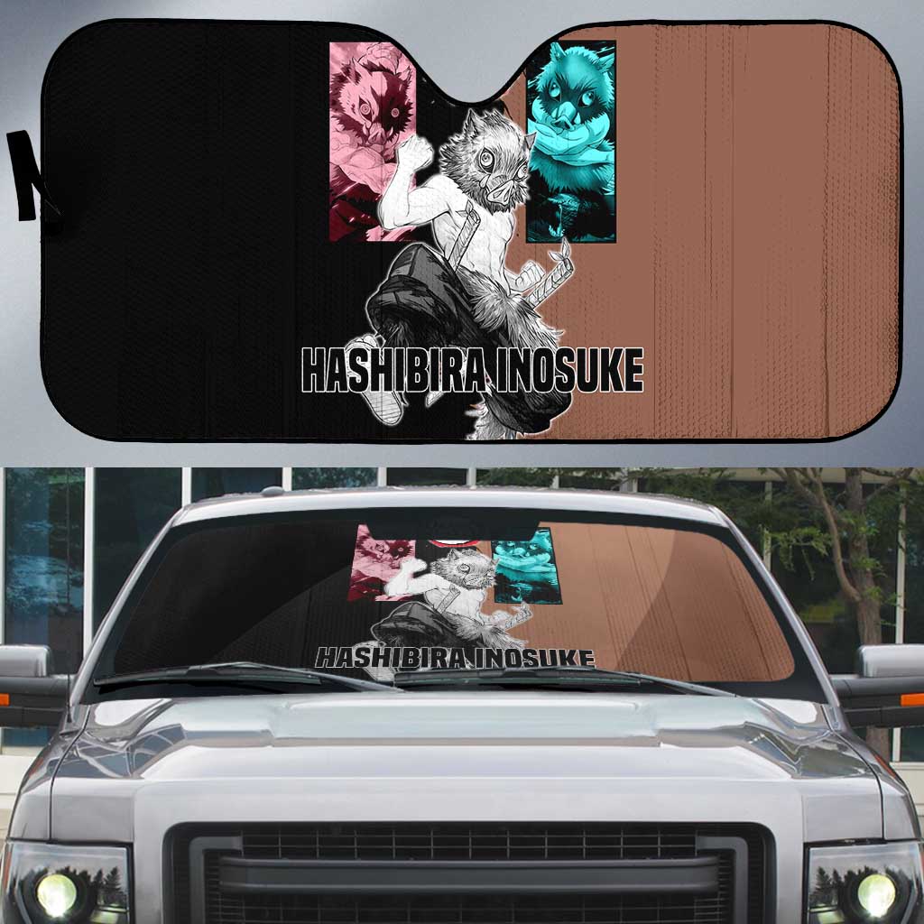 Inosuke Hashibira from Demon Slayer Auto Sun Shade with Boar Mask and Dual Swords Battle Pose - The Mazicc