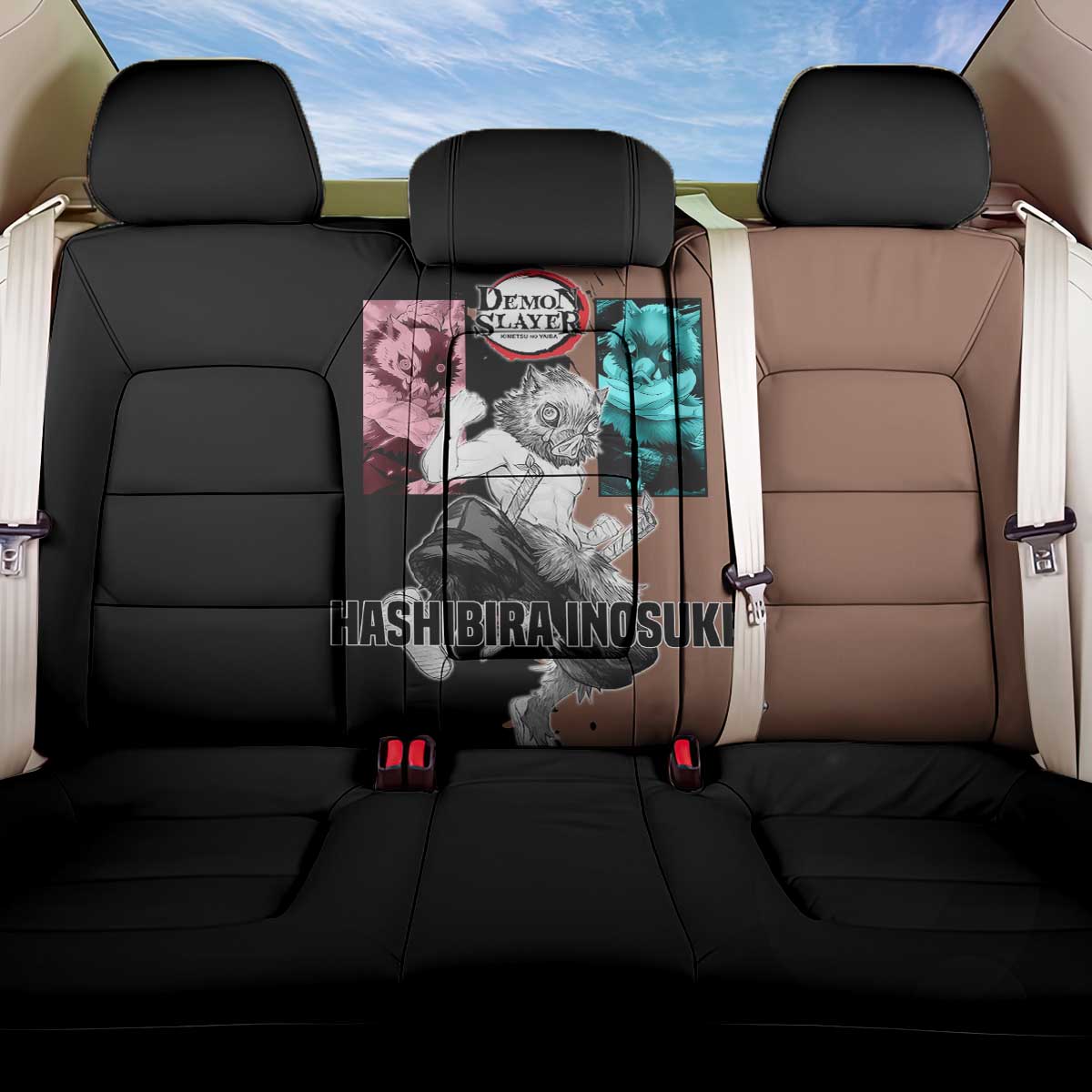 Inosuke Hashibira from Demon Slayer Back Car Seat Cover with Boar Mask and Dual Swords Battle Pose - The Mazicc