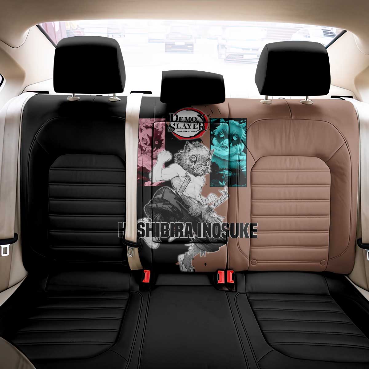 Inosuke Hashibira from Demon Slayer Back Car Seat Cover with Boar Mask and Dual Swords Battle Pose - The Mazicc