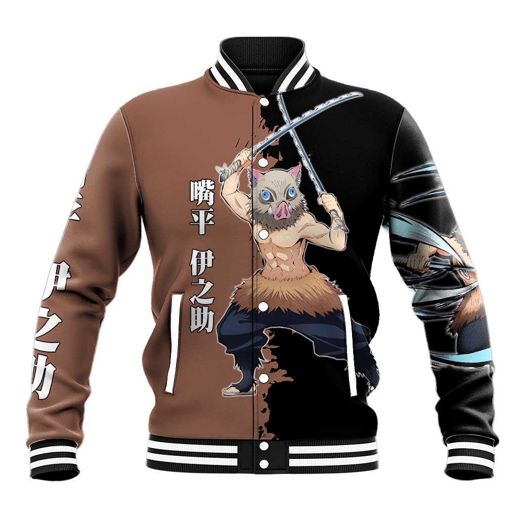 Inosuke Hashibira from Demon Slayer Baseball Jacket with Boar Mask and Dual Swords Battle Pose - The Mazicc