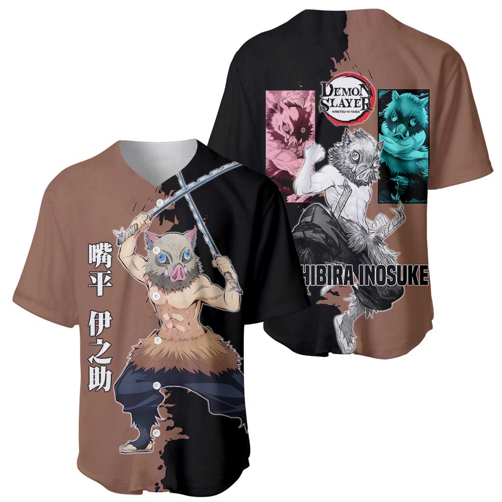 Inosuke Hashibira from Demon Slayer Baseball Jersey with Boar Mask and Dual Swords Battle Pose - The Mazicc