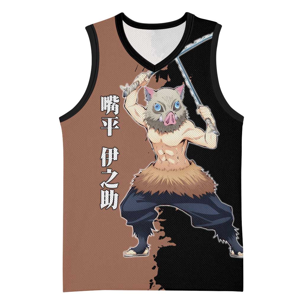 Inosuke Hashibira from Demon Slayer Basketball Jersey with Boar Mask and Dual Swords Battle Pose - The Mazicc