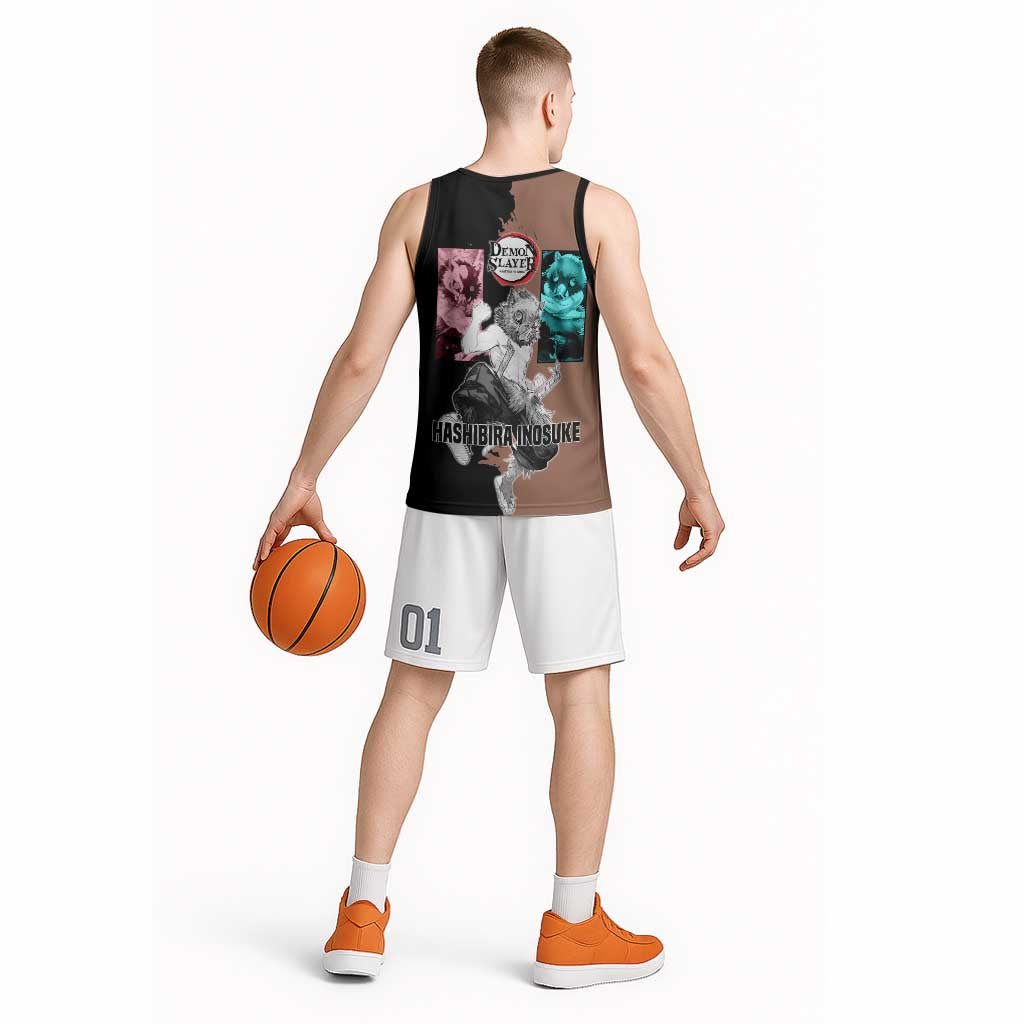 Inosuke Hashibira from Demon Slayer Basketball Jersey with Boar Mask and Dual Swords Battle Pose - The Mazicc