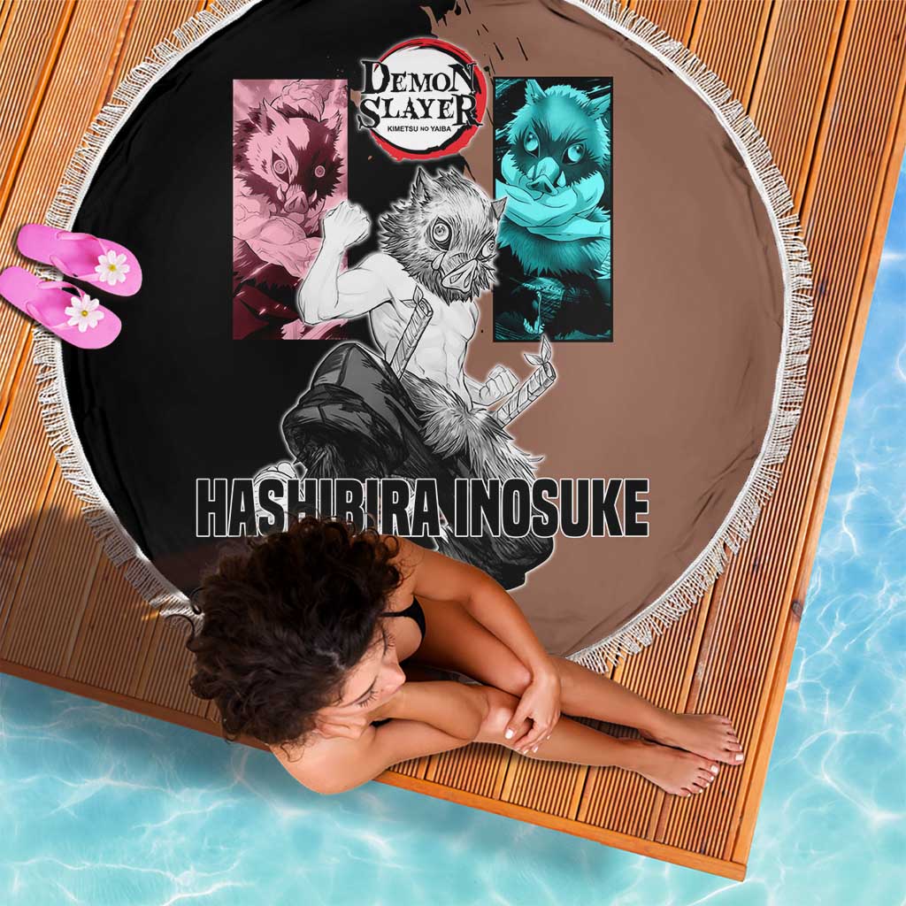 Inosuke Hashibira from Demon Slayer Beach Blanket with Boar Mask and Dual Swords Battle Pose - The Mazicc