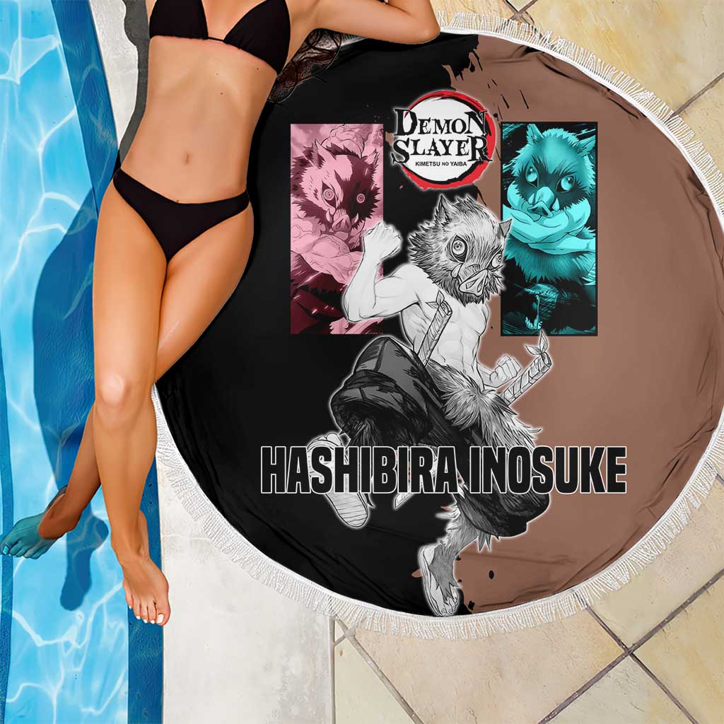 Inosuke Hashibira from Demon Slayer Beach Blanket with Boar Mask and Dual Swords Battle Pose - The Mazicc