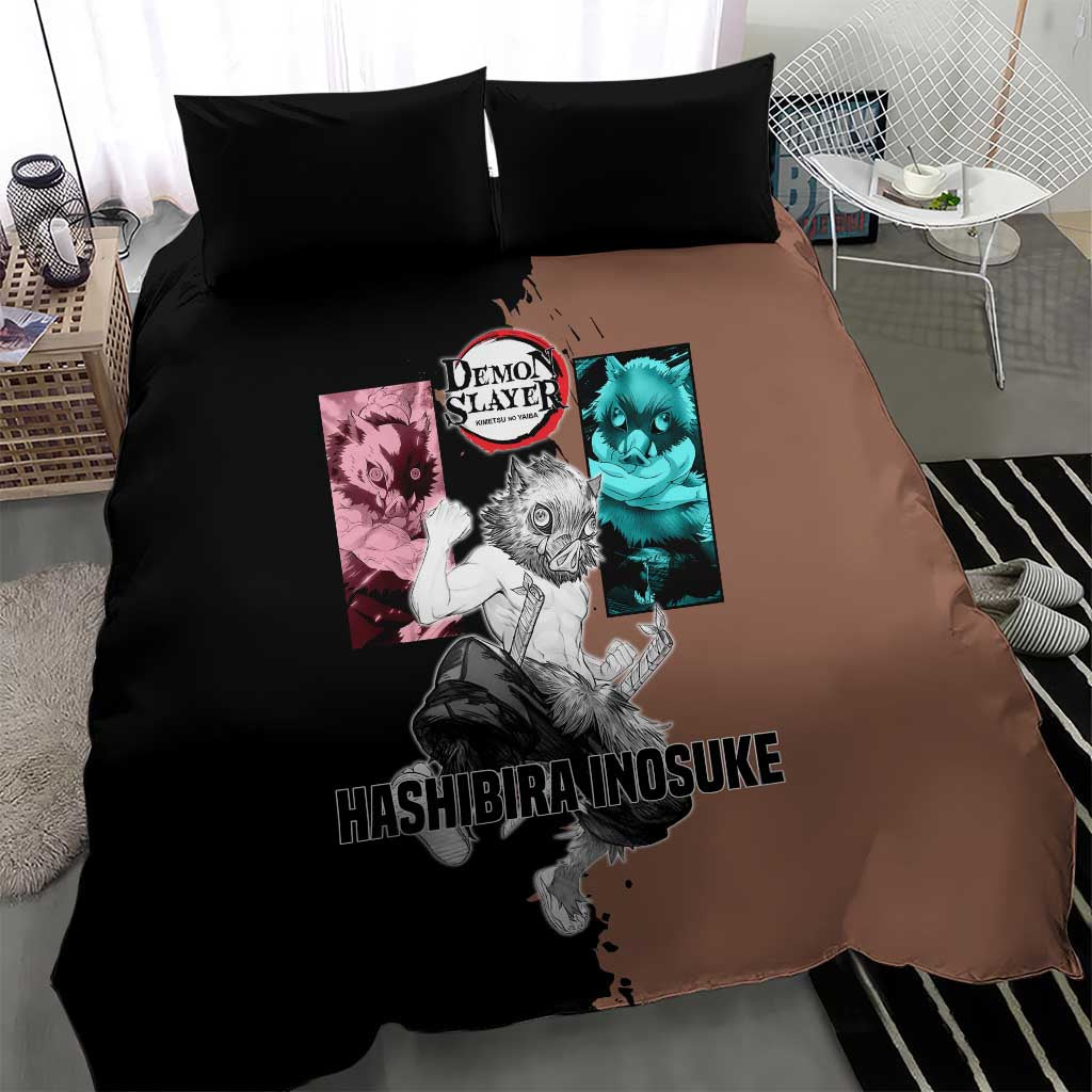 Inosuke Hashibira from Demon Slayer Bedding Set with Boar Mask and Dual Swords Battle Pose - The Mazicc