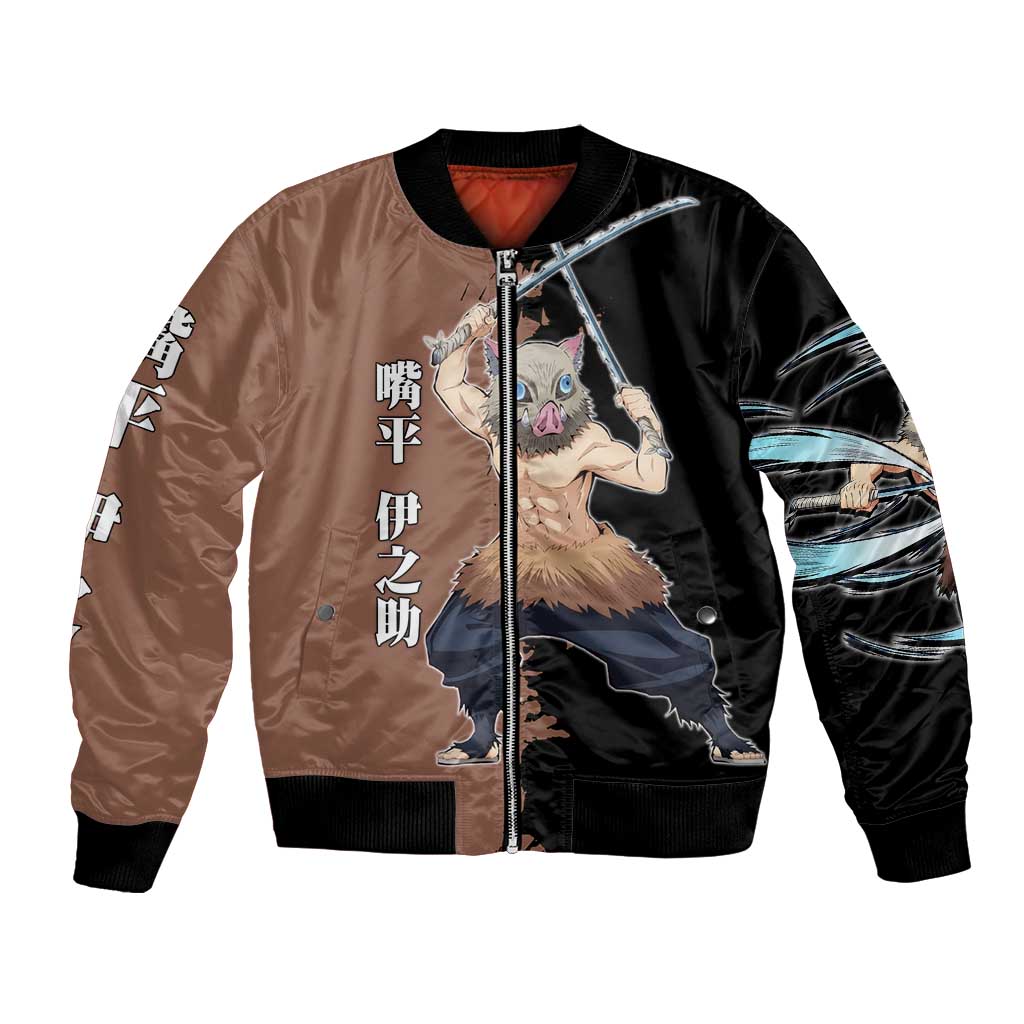 Inosuke Hashibira from Demon Slayer Bomber Jacket with Boar Mask and Dual Swords Battle Pose - The Mazicc