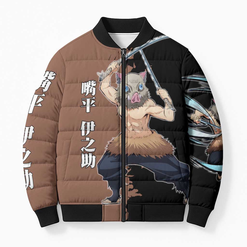 Inosuke Hashibira from Demon Slayer Bomber Puffer Jacket with Boar Mask and Dual Swords Battle Pose - The Mazicc