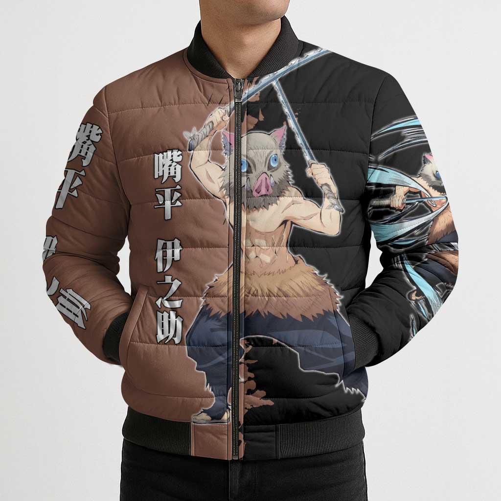 Inosuke Hashibira from Demon Slayer Bomber Puffer Jacket with Boar Mask and Dual Swords Battle Pose - The Mazicc