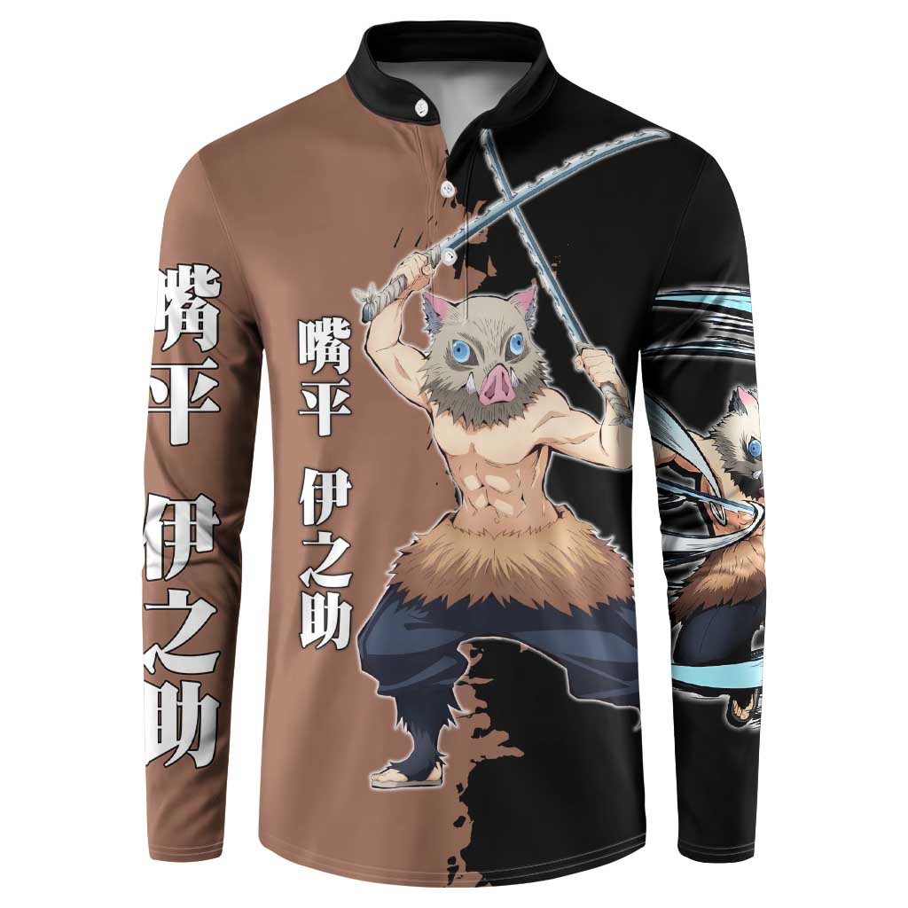Inosuke Hashibira from Demon Slayer Button Sweatshirt with Boar Mask and Dual Swords Battle Pose - The Mazicc