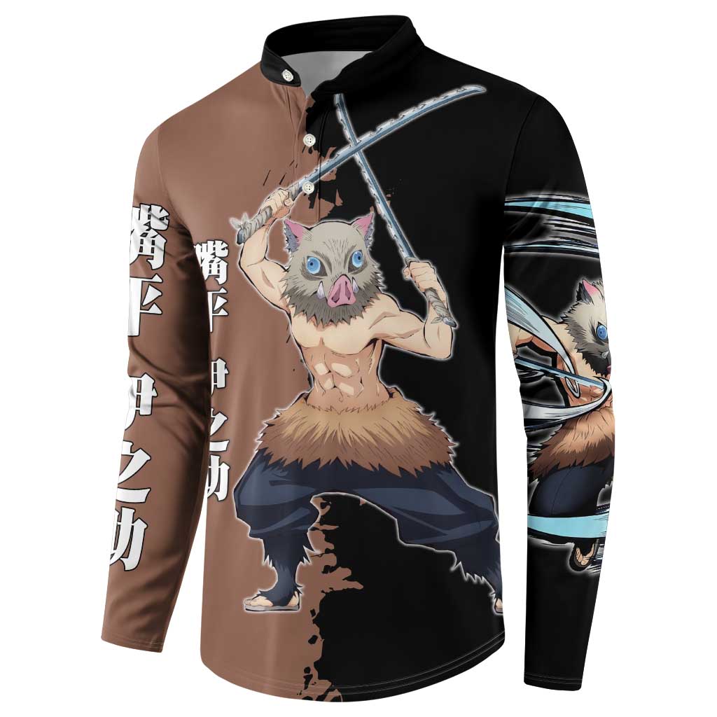 Inosuke Hashibira from Demon Slayer Button Sweatshirt with Boar Mask and Dual Swords Battle Pose - The Mazicc