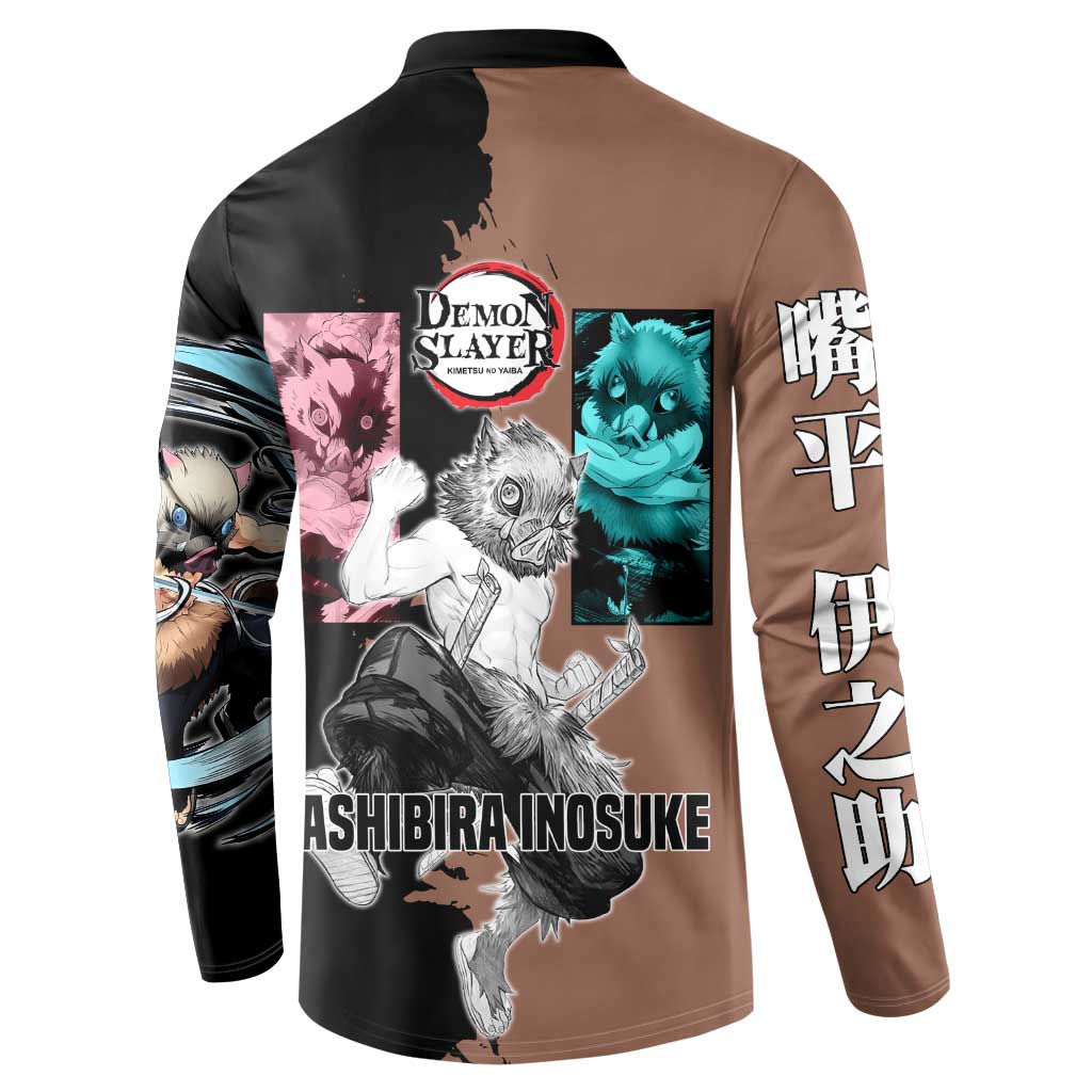 Inosuke Hashibira from Demon Slayer Button Sweatshirt with Boar Mask and Dual Swords Battle Pose - The Mazicc