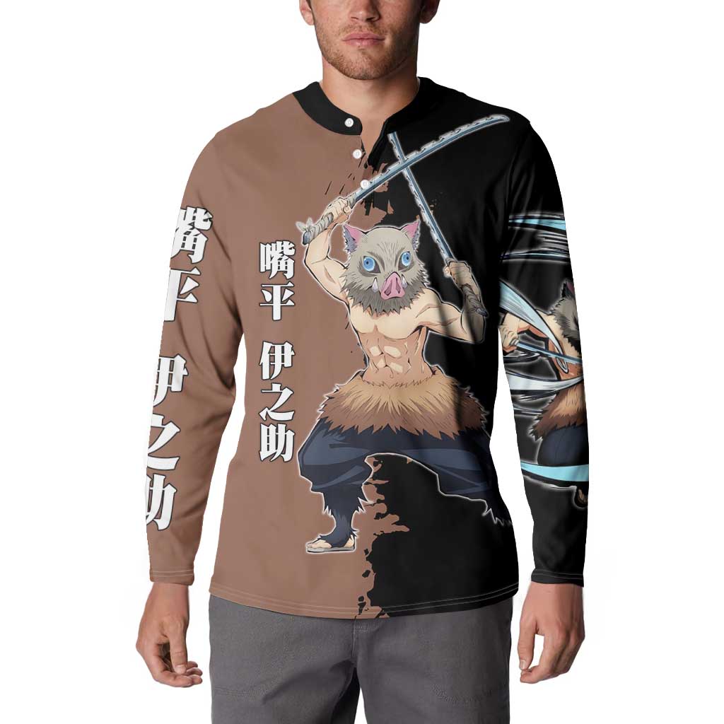 Inosuke Hashibira from Demon Slayer Button Sweatshirt with Boar Mask and Dual Swords Battle Pose - The Mazicc