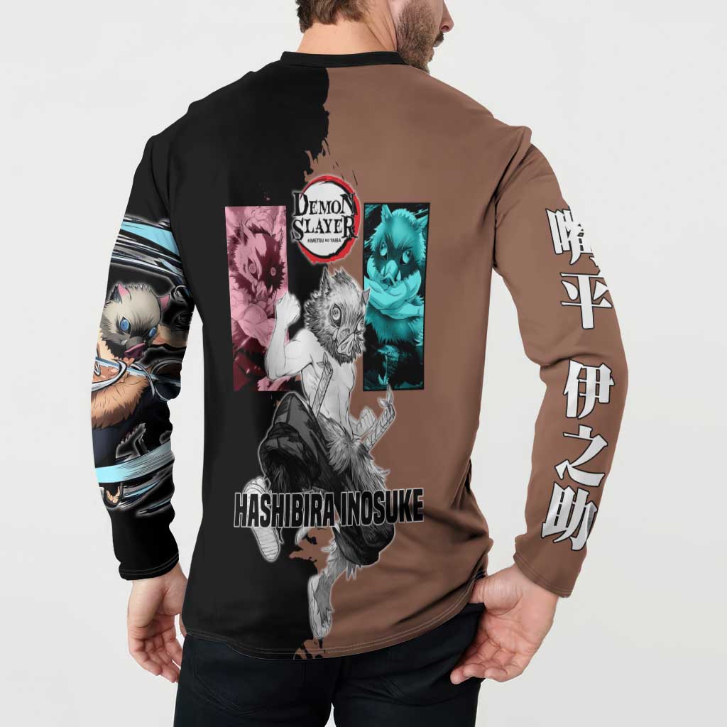 Inosuke Hashibira from Demon Slayer Button Sweatshirt with Boar Mask and Dual Swords Battle Pose - The Mazicc