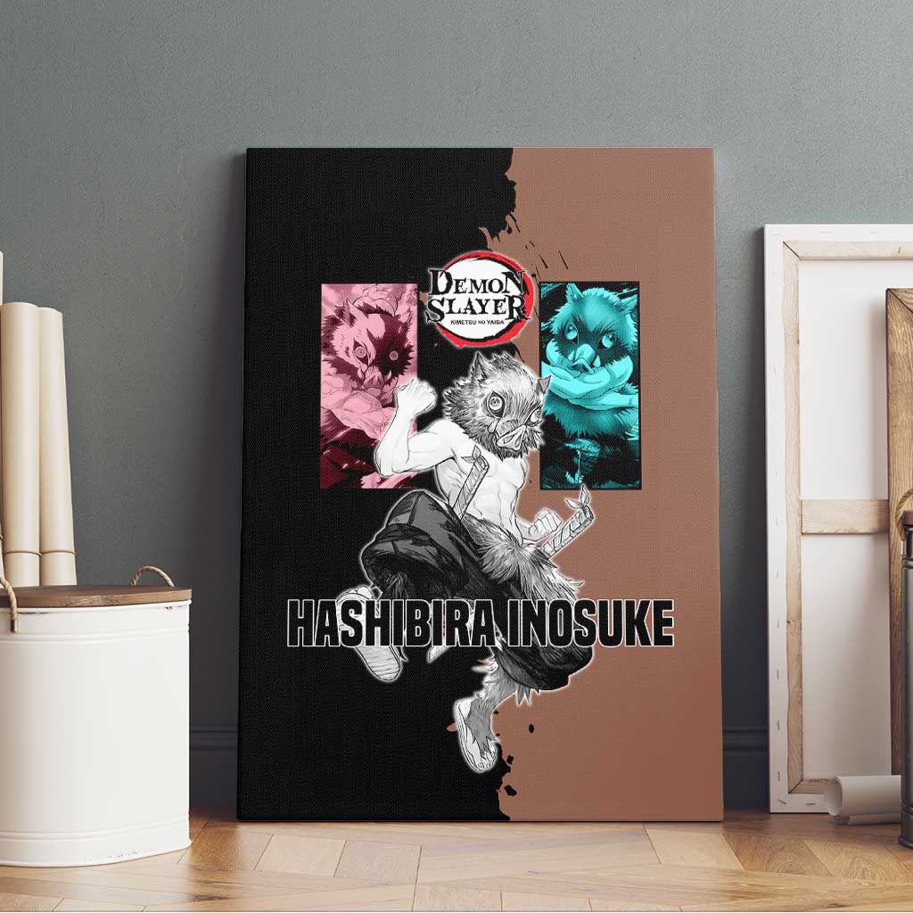 Inosuke Hashibira from Demon Slayer Canvas Wall Art with Boar Mask and Dual Swords Battle Pose - The Mazicc