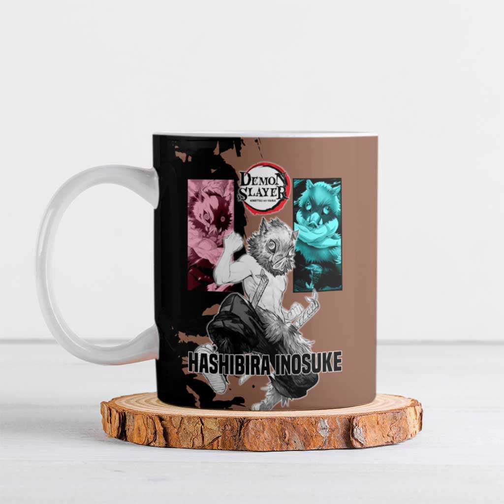 Inosuke Hashibira from Demon Slayer Ceramic Mug with Boar Mask and Dual Swords Battle Pose - The Mazicc
