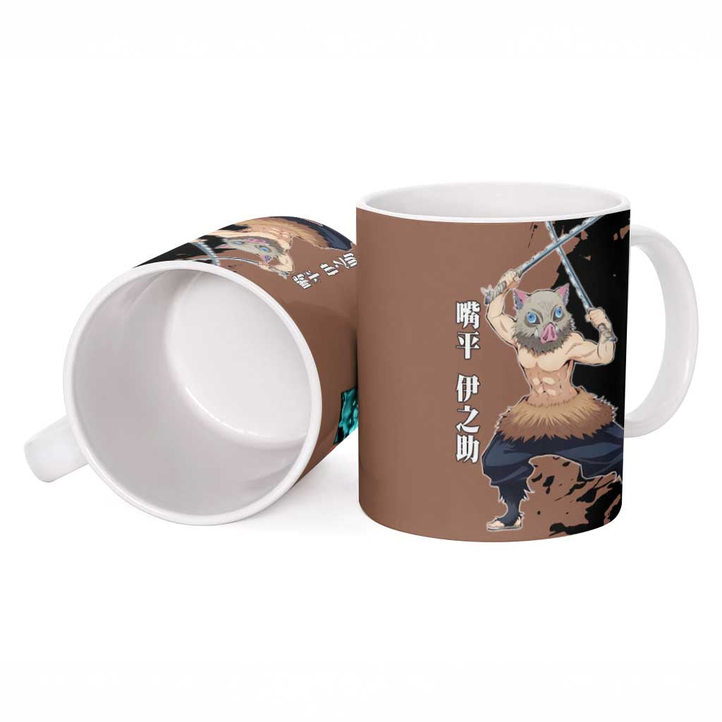 Inosuke Hashibira from Demon Slayer Ceramic Mug with Boar Mask and Dual Swords Battle Pose - The Mazicc