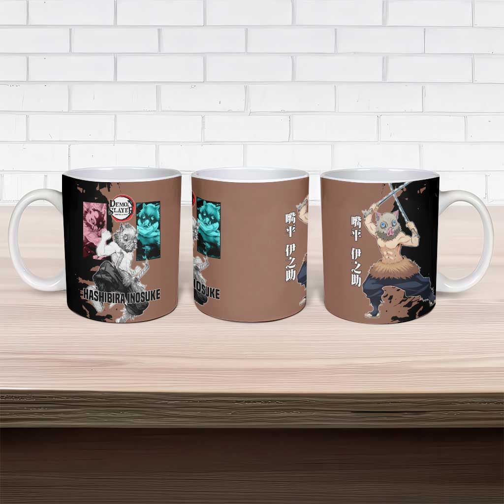 Inosuke Hashibira from Demon Slayer Ceramic Mug with Boar Mask and Dual Swords Battle Pose - The Mazicc