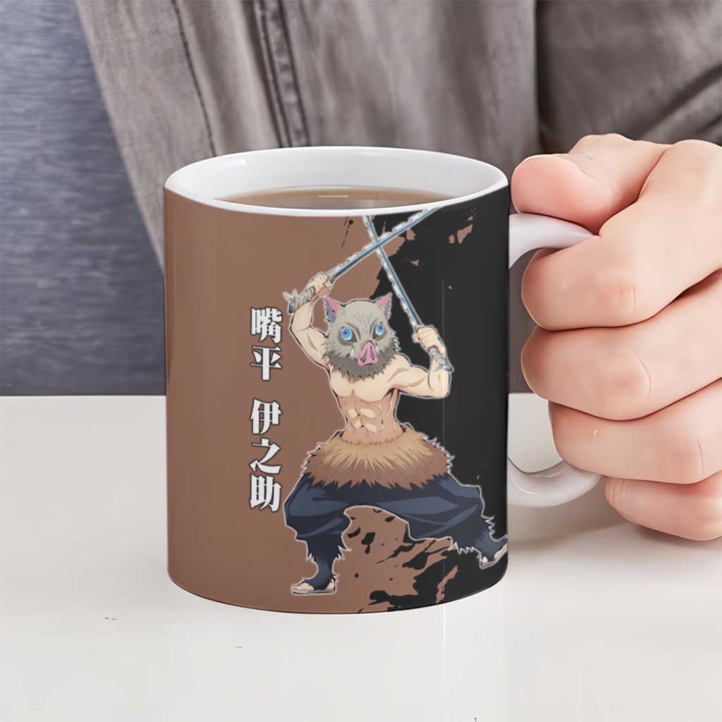 Inosuke Hashibira from Demon Slayer Ceramic Mug with Boar Mask and Dual Swords Battle Pose - The Mazicc