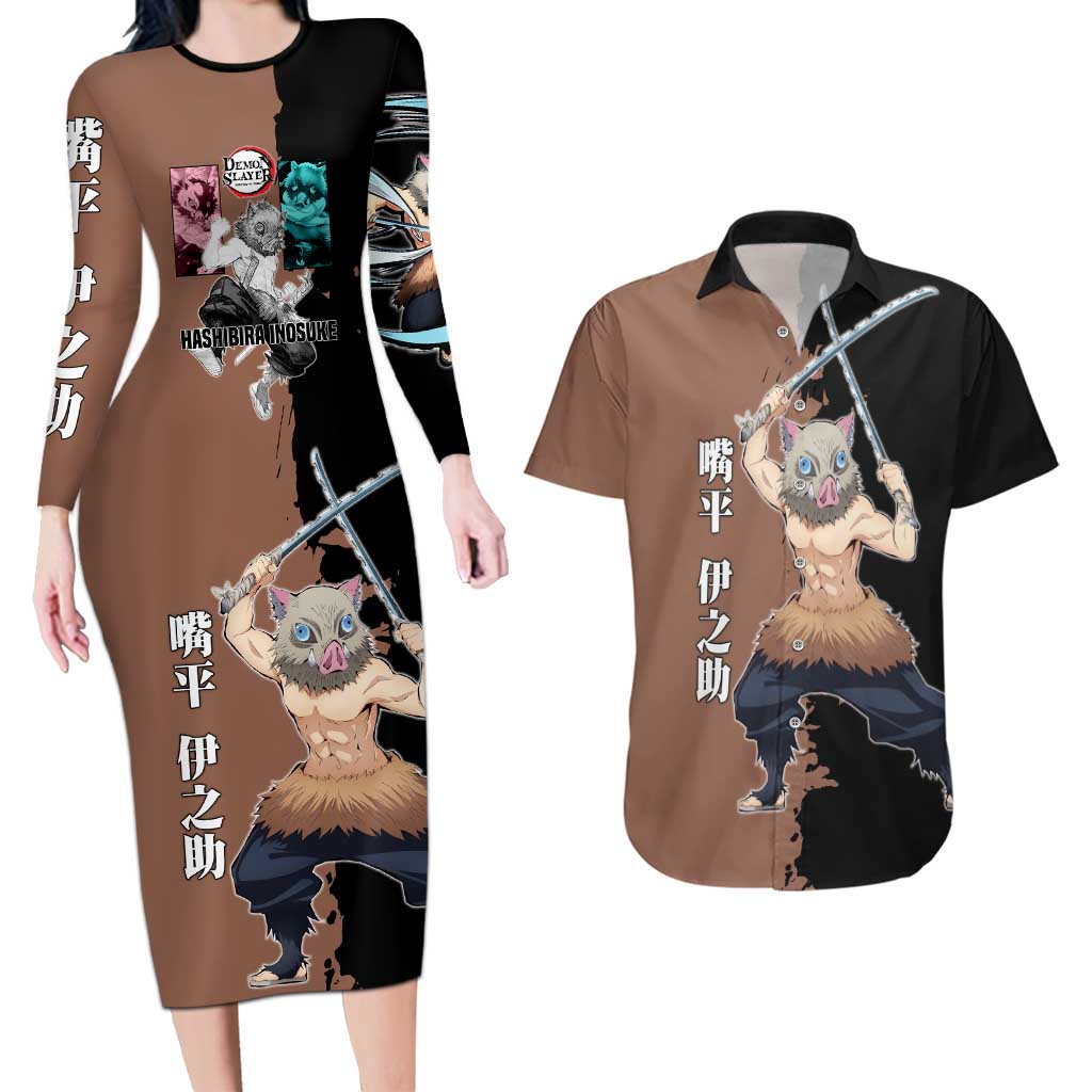 Inosuke Hashibira from Demon Slayer Couples Matching Long Sleeve Bodycon Dress and Hawaiian Shirt with Boar Mask and Dual Swords Battle Pose - The Mazicc