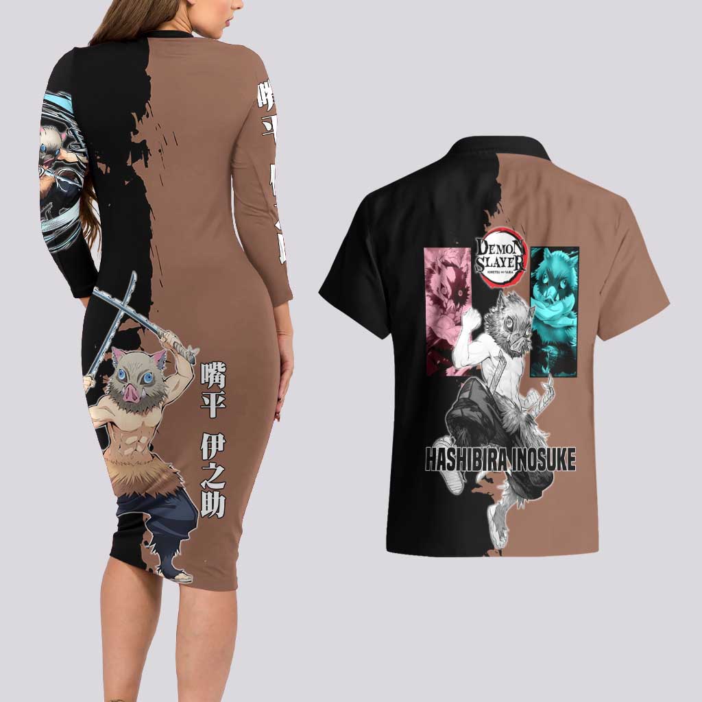 Inosuke Hashibira from Demon Slayer Couples Matching Long Sleeve Bodycon Dress and Hawaiian Shirt with Boar Mask and Dual Swords Battle Pose - The Mazicc