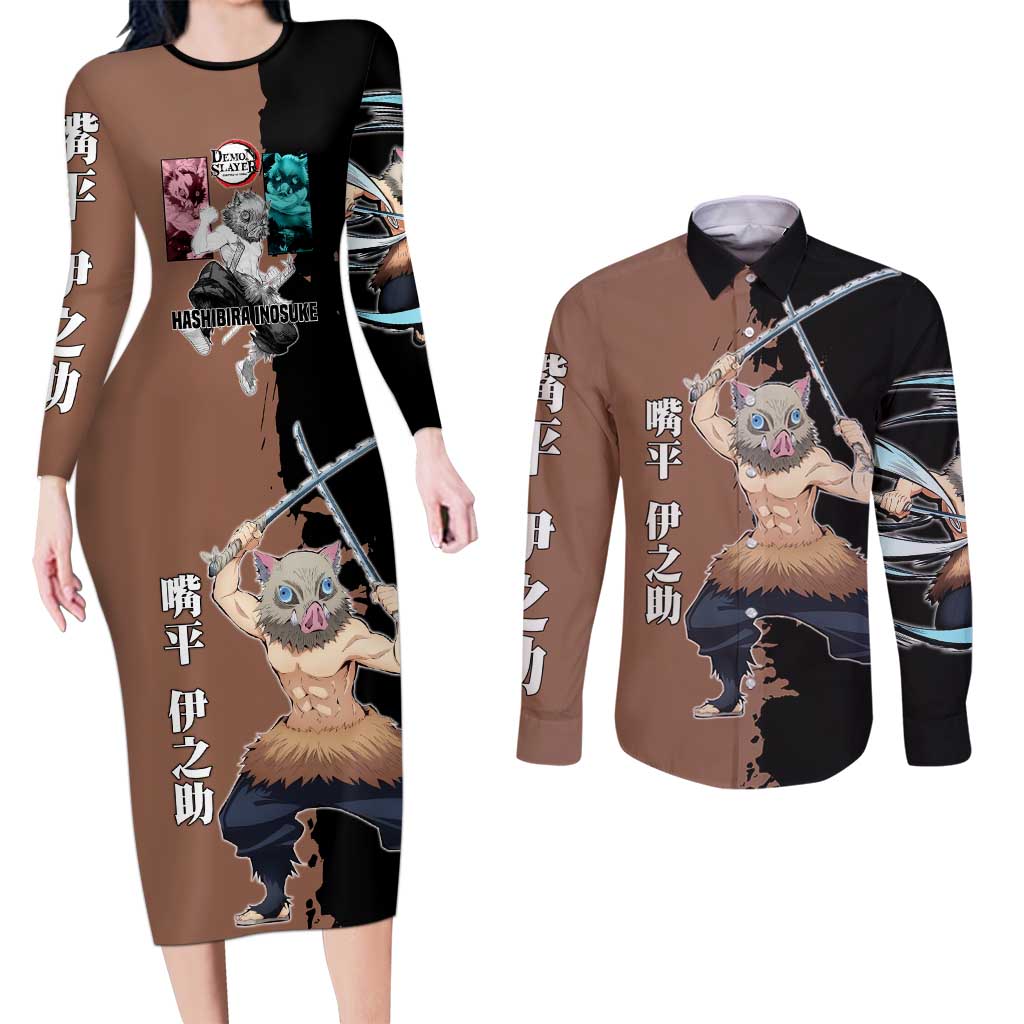Inosuke Hashibira from Demon Slayer Couples Matching Long Sleeve Bodycon Dress and Long Sleeve Button Shirt with Boar Mask and Dual Swords Battle Pose - The Mazicc