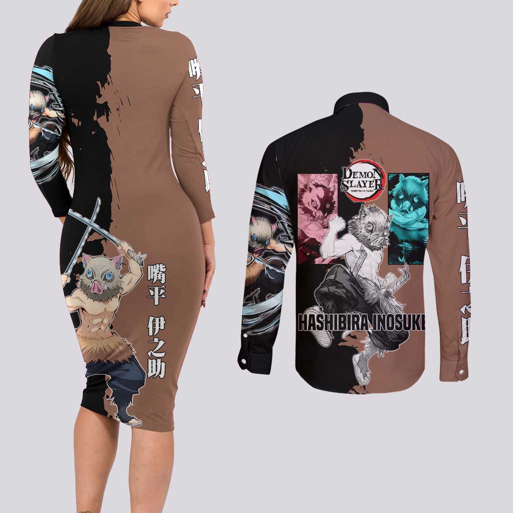 Inosuke Hashibira from Demon Slayer Couples Matching Long Sleeve Bodycon Dress and Long Sleeve Button Shirt with Boar Mask and Dual Swords Battle Pose - The Mazicc