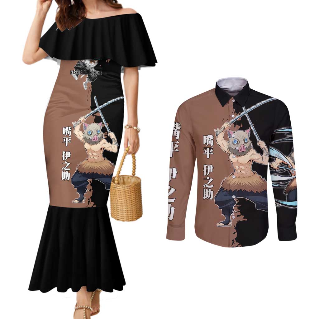 Inosuke Hashibira from Demon Slayer Couples Matching Mermaid Dress and Long Sleeve Button Shirt with Boar Mask and Dual Swords Battle Pose - The Mazicc
