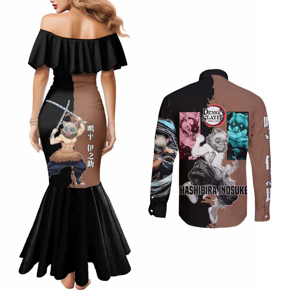 Inosuke Hashibira from Demon Slayer Couples Matching Mermaid Dress and Long Sleeve Button Shirt with Boar Mask and Dual Swords Battle Pose - The Mazicc