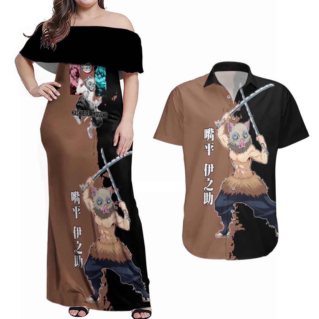Inosuke Hashibira from Demon Slayer Couples Matching Off Shoulder Maxi Dress and Hawaiian Shirt with Boar Mask and Dual Swords Battle Pose - The Mazicc