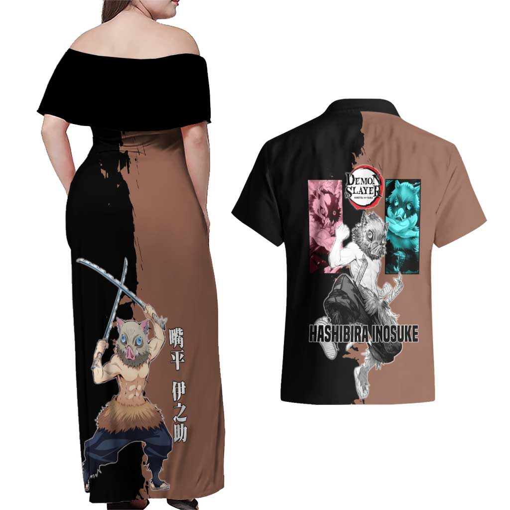 Inosuke Hashibira from Demon Slayer Couples Matching Off Shoulder Maxi Dress and Hawaiian Shirt with Boar Mask and Dual Swords Battle Pose - The Mazicc