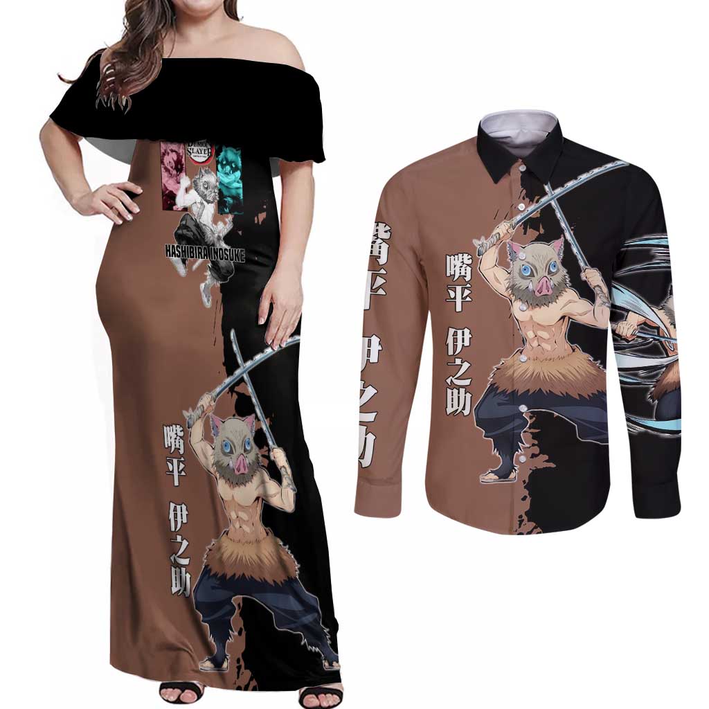 Inosuke Hashibira from Demon Slayer Couples Matching Off Shoulder Maxi Dress and Long Sleeve Button Shirt with Boar Mask and Dual Swords Battle Pose - The Mazicc