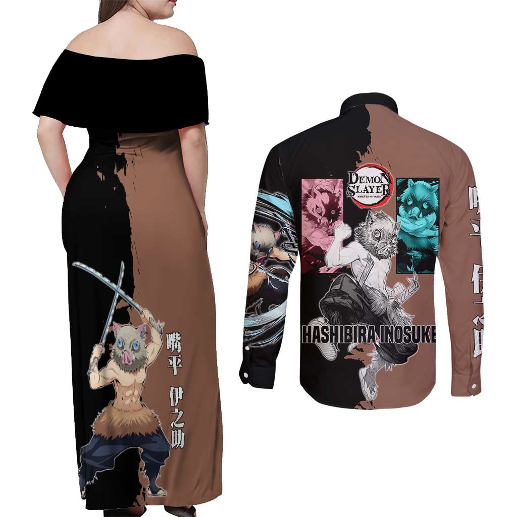 Inosuke Hashibira from Demon Slayer Couples Matching Off Shoulder Maxi Dress and Long Sleeve Button Shirt with Boar Mask and Dual Swords Battle Pose - The Mazicc
