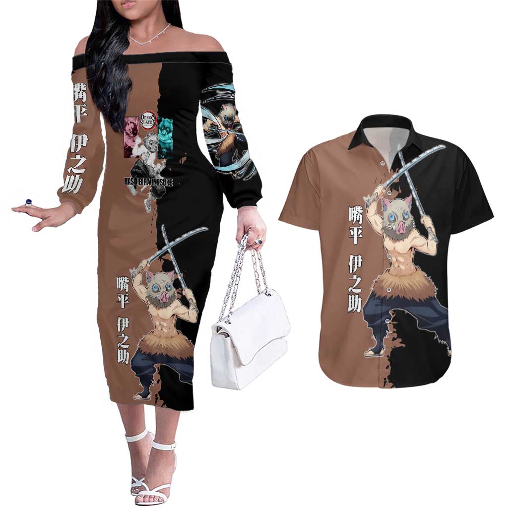 Inosuke Hashibira from Demon Slayer Couples Matching Off The Shoulder Long Sleeve Dress and Hawaiian Shirt with Boar Mask and Dual Swords Battle Pose - The Mazicc