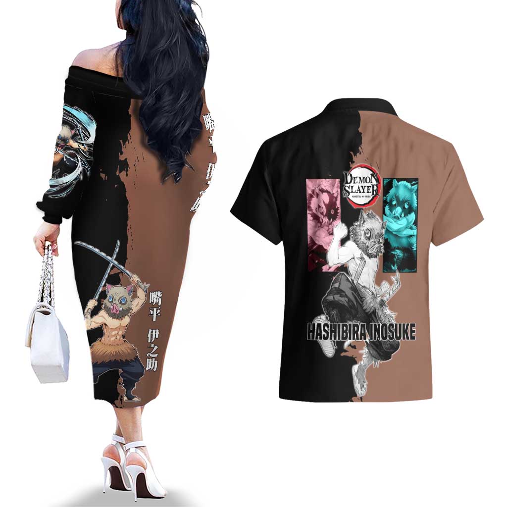 Inosuke Hashibira from Demon Slayer Couples Matching Off The Shoulder Long Sleeve Dress and Hawaiian Shirt with Boar Mask and Dual Swords Battle Pose - The Mazicc