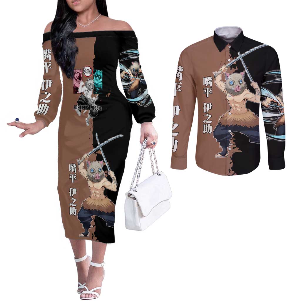 Inosuke Hashibira from Demon Slayer Couples Matching Off The Shoulder Long Sleeve Dress and Long Sleeve Button Shirt with Boar Mask and Dual Swords Battle Pose - The Mazicc
