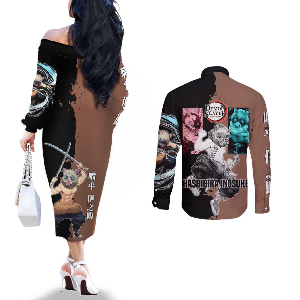 Inosuke Hashibira from Demon Slayer Couples Matching Off The Shoulder Long Sleeve Dress and Long Sleeve Button Shirt with Boar Mask and Dual Swords Battle Pose - The Mazicc
