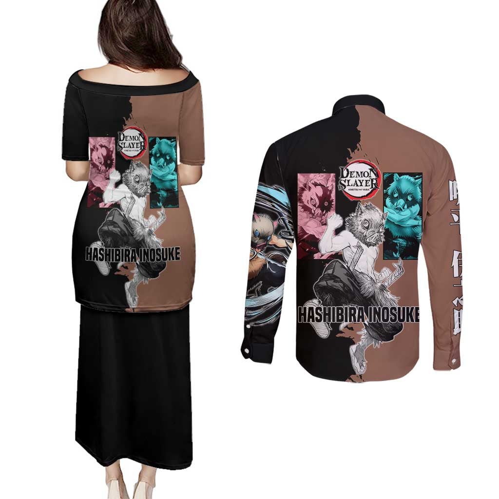 Inosuke Hashibira from Demon Slayer Couples Matching Puletasi and Long Sleeve Button Shirt with Boar Mask and Dual Swords Battle Pose - The Mazicc