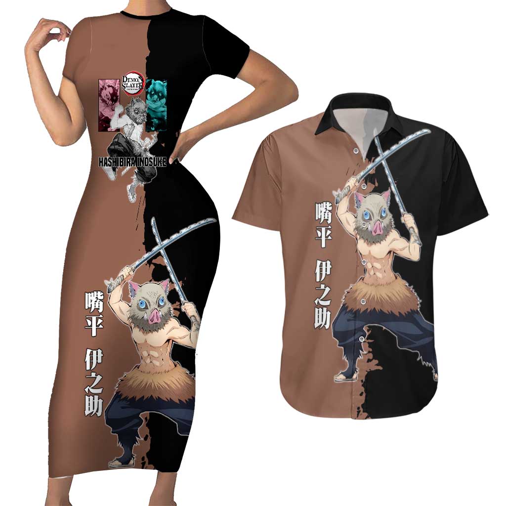 Inosuke Hashibira from Demon Slayer Couples Matching Short Sleeve Bodycon Dress and Hawaiian Shirt with Boar Mask and Dual Swords Battle Pose - The Mazicc