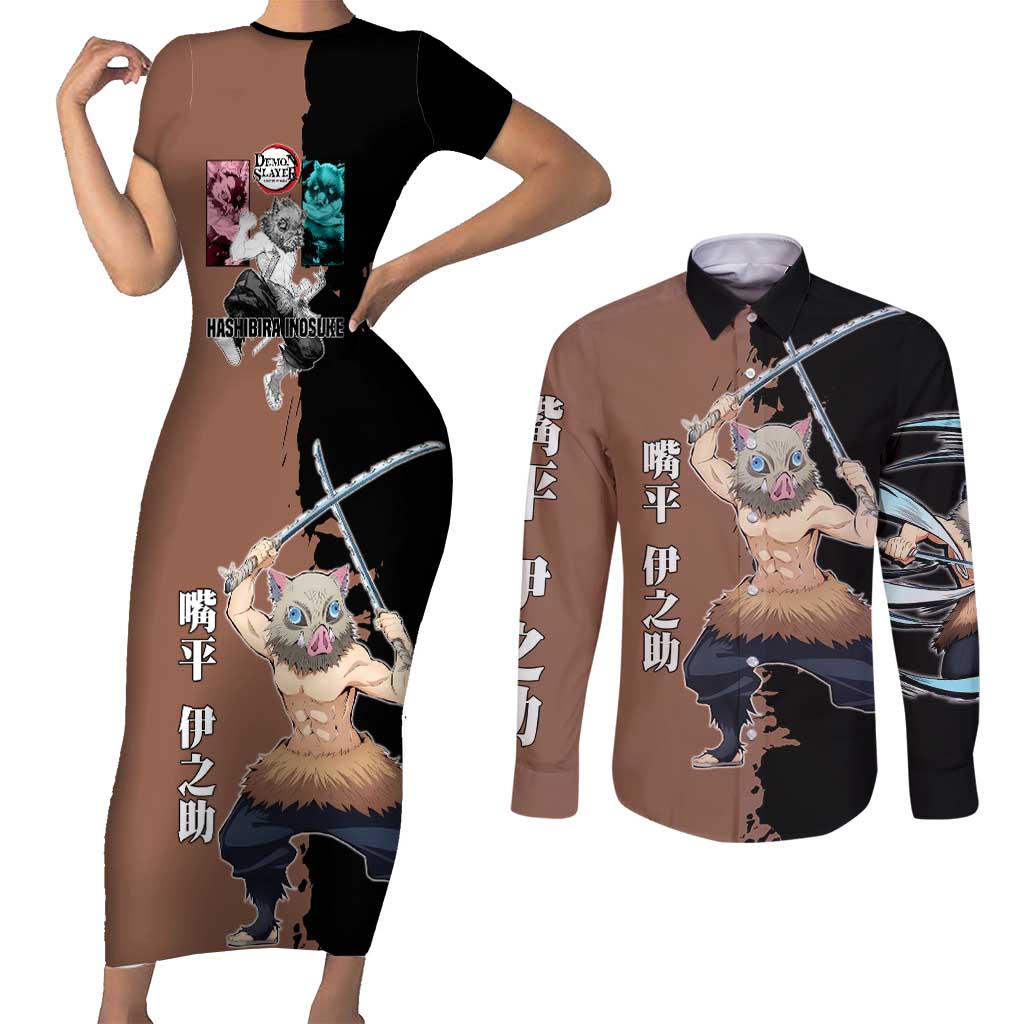 Inosuke Hashibira from Demon Slayer Couples Matching Short Sleeve Bodycon Dress and Long Sleeve Button Shirt with Boar Mask and Dual Swords Battle Pose - The Mazicc