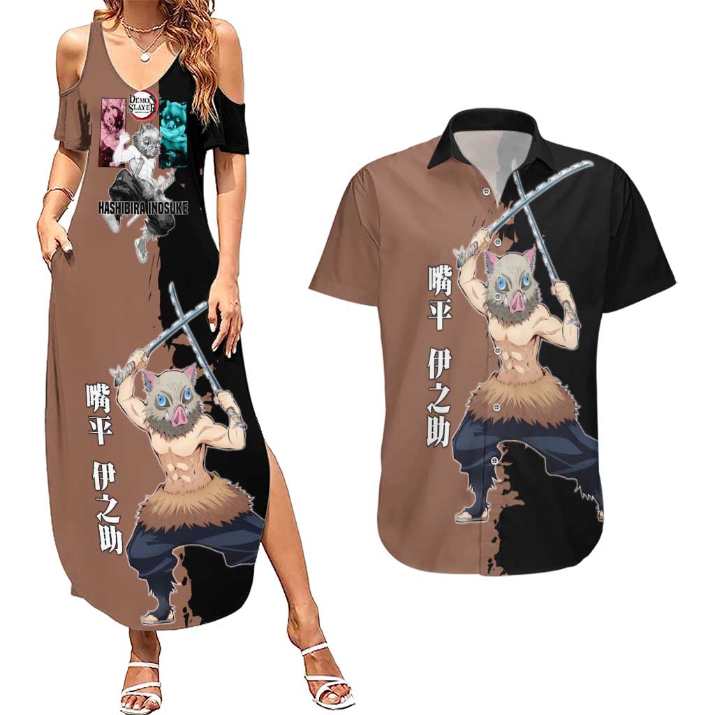 Inosuke Hashibira from Demon Slayer Couples Matching Summer Maxi Dress and Hawaiian Shirt with Boar Mask and Dual Swords Battle Pose - The Mazicc
