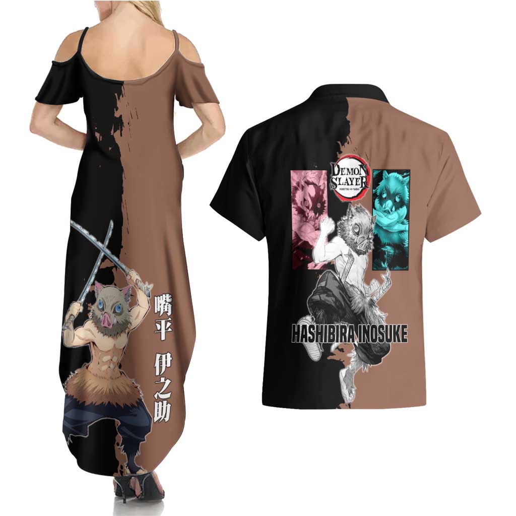 Inosuke Hashibira from Demon Slayer Couples Matching Summer Maxi Dress and Hawaiian Shirt with Boar Mask and Dual Swords Battle Pose - The Mazicc