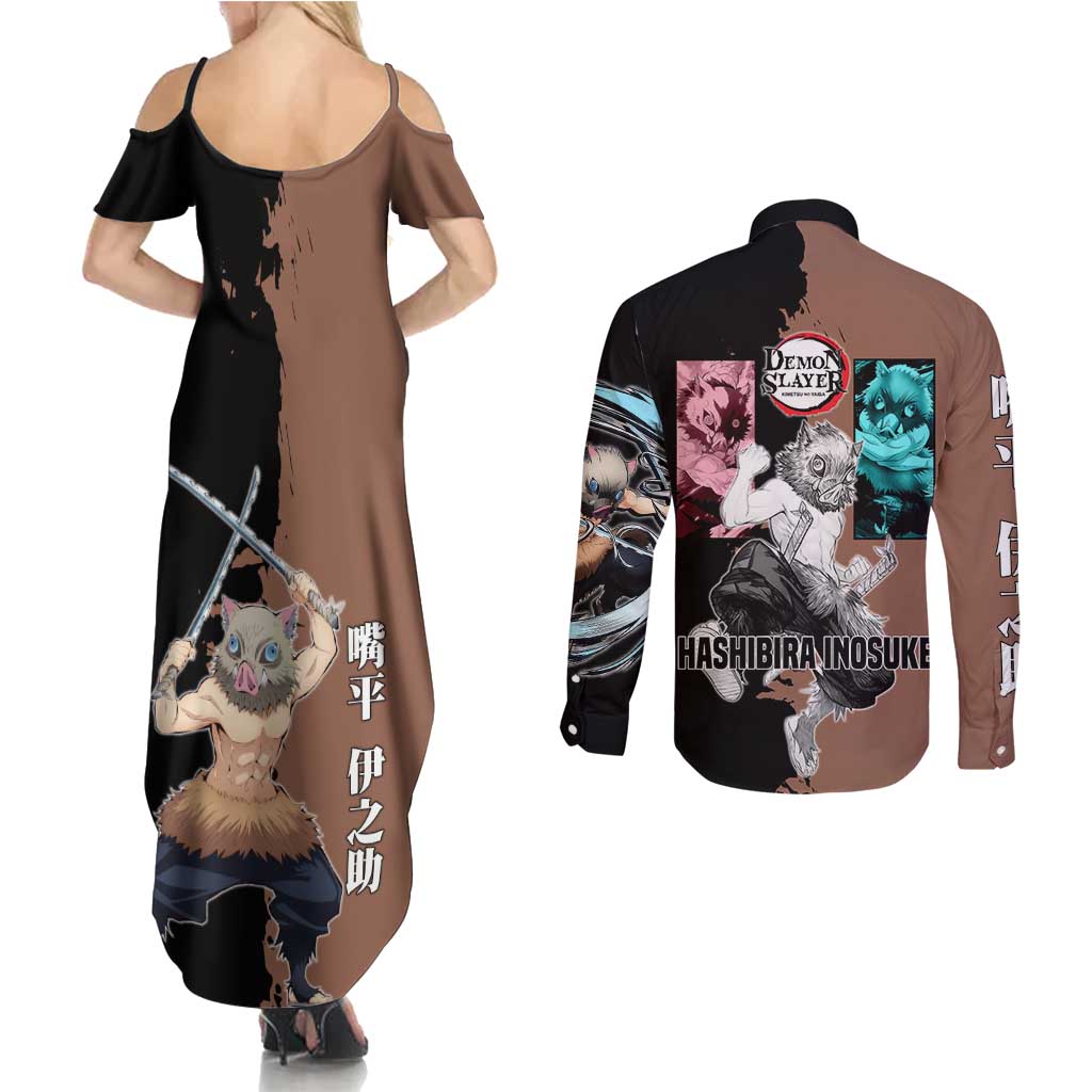 Inosuke Hashibira from Demon Slayer Couples Matching Summer Maxi Dress and Long Sleeve Button Shirt with Boar Mask and Dual Swords Battle Pose - The Mazicc