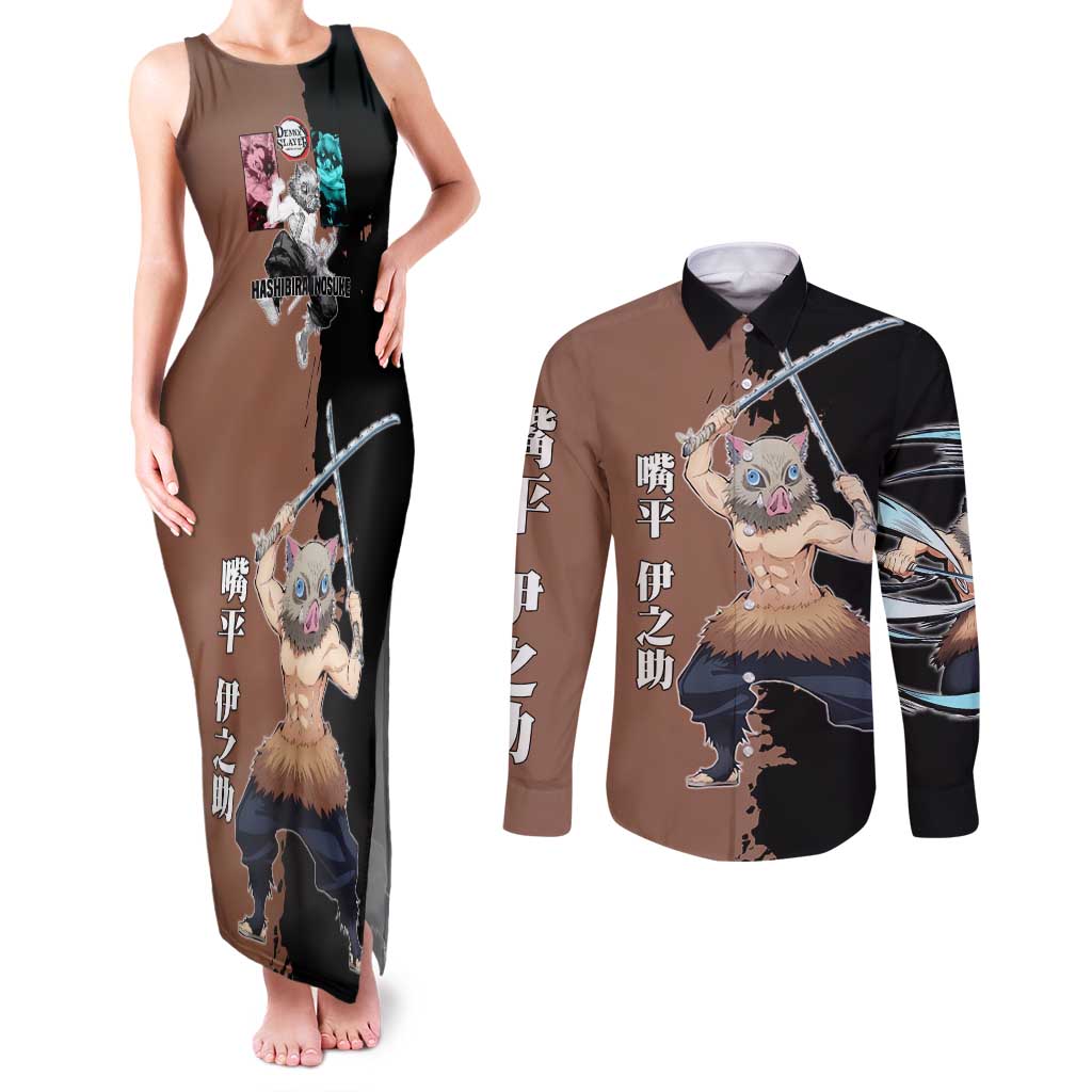 Inosuke Hashibira from Demon Slayer Couples Matching Tank Maxi Dress and Long Sleeve Button Shirt with Boar Mask and Dual Swords Battle Pose - The Mazicc