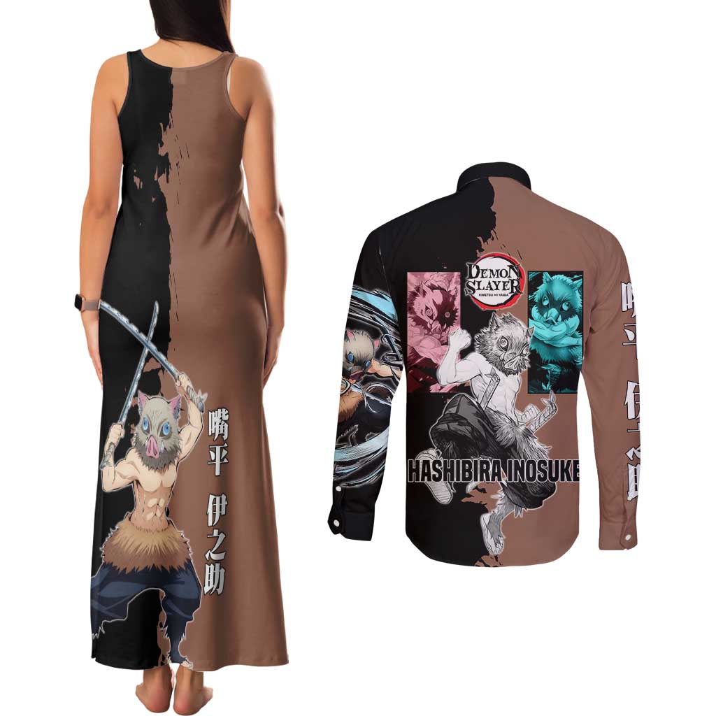 Inosuke Hashibira from Demon Slayer Couples Matching Tank Maxi Dress and Long Sleeve Button Shirt with Boar Mask and Dual Swords Battle Pose - The Mazicc